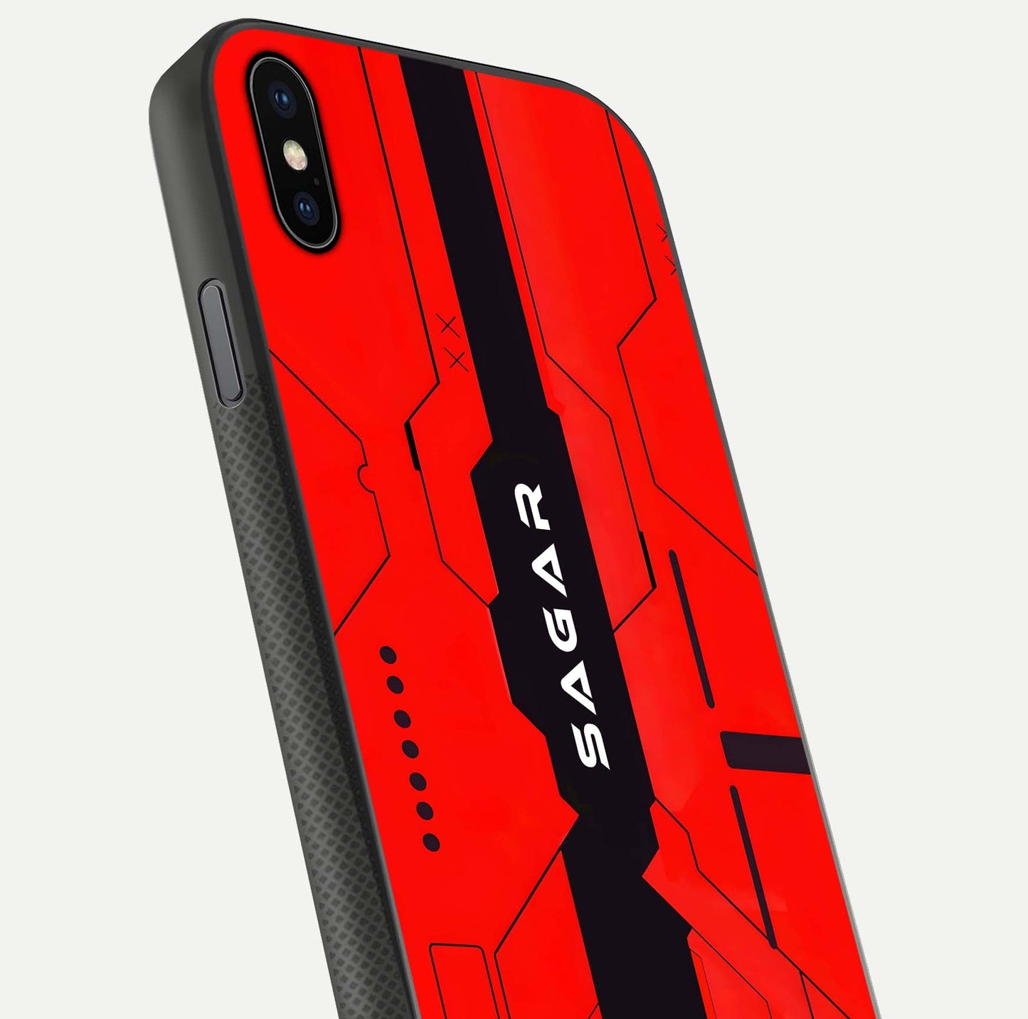 Voltage Rise CYBERPUNK Custom Name Glass Case for iPhone Xs close-up angled shot highlighting neon glow and reflection
