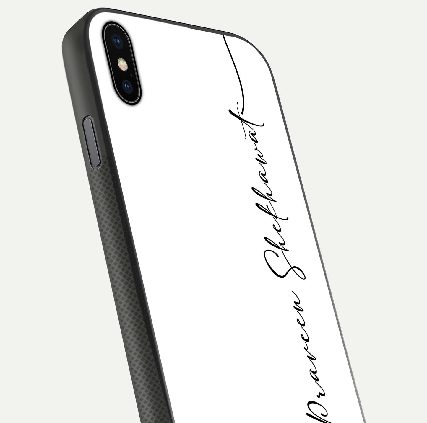 White Tune Custom Name Glass Case for iPhone Xs close-up angled shot highlighting gloss reflection and texture