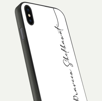 White Tune Custom Name Glass Case for iPhone Xs close-up angled shot highlighting gloss reflection and texture