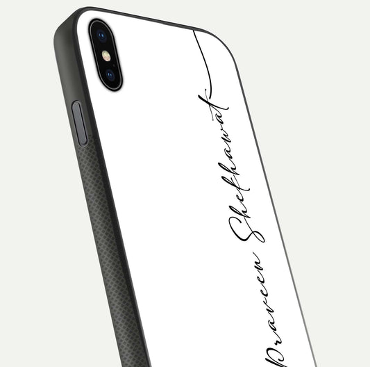 White Tune Custom Name Glass Case for iPhone Xs close-up angled shot highlighting gloss reflection and texture
