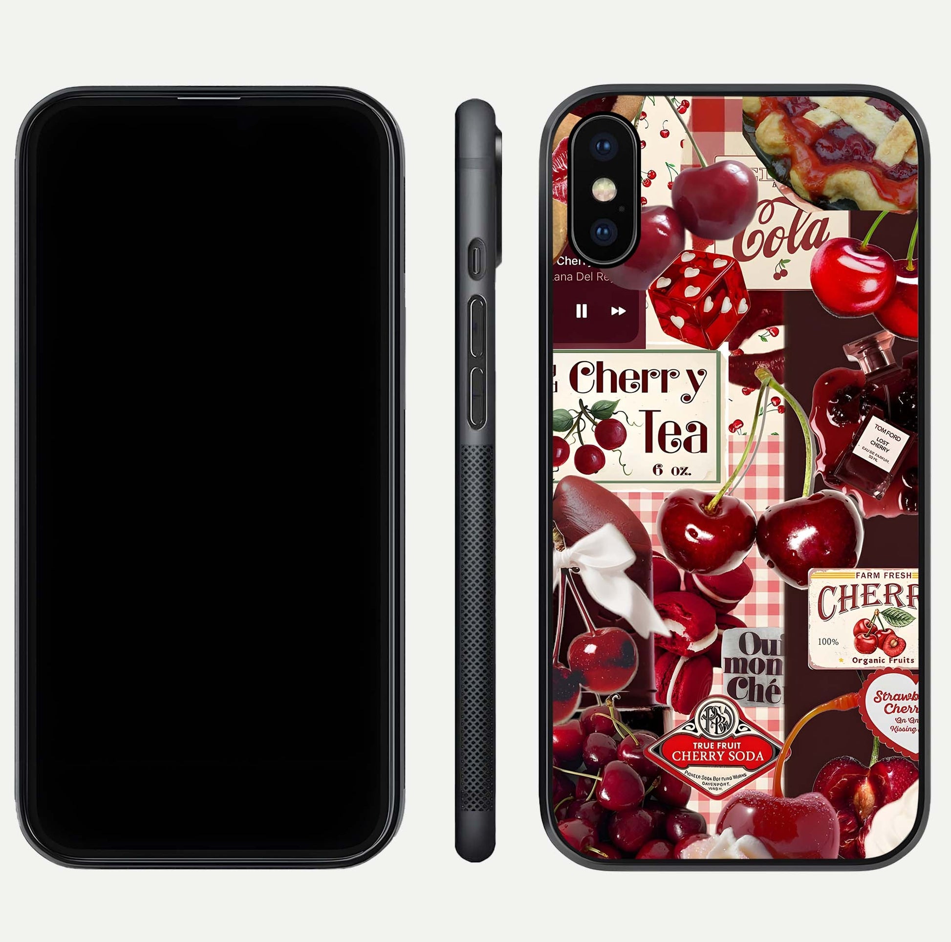 Aesthetic Cherry Tea Glass Case for iPhone 16 Pro front and back view layout showing black front display and artistic cherry-themed glass back