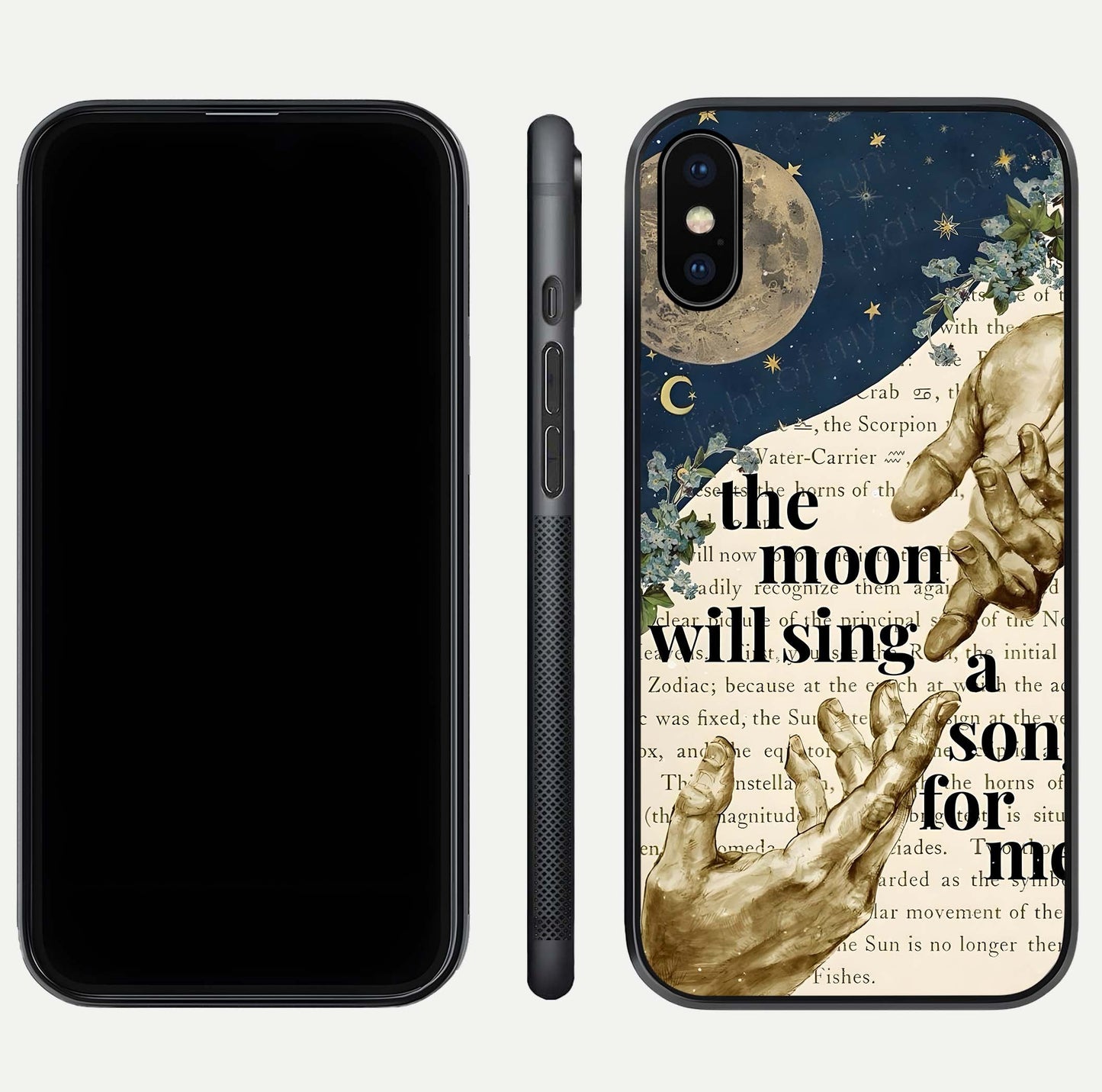 Aesthetic Divine Glass Case for iPhone 16 Pro front and back view layout showing black front display and divine art glass back