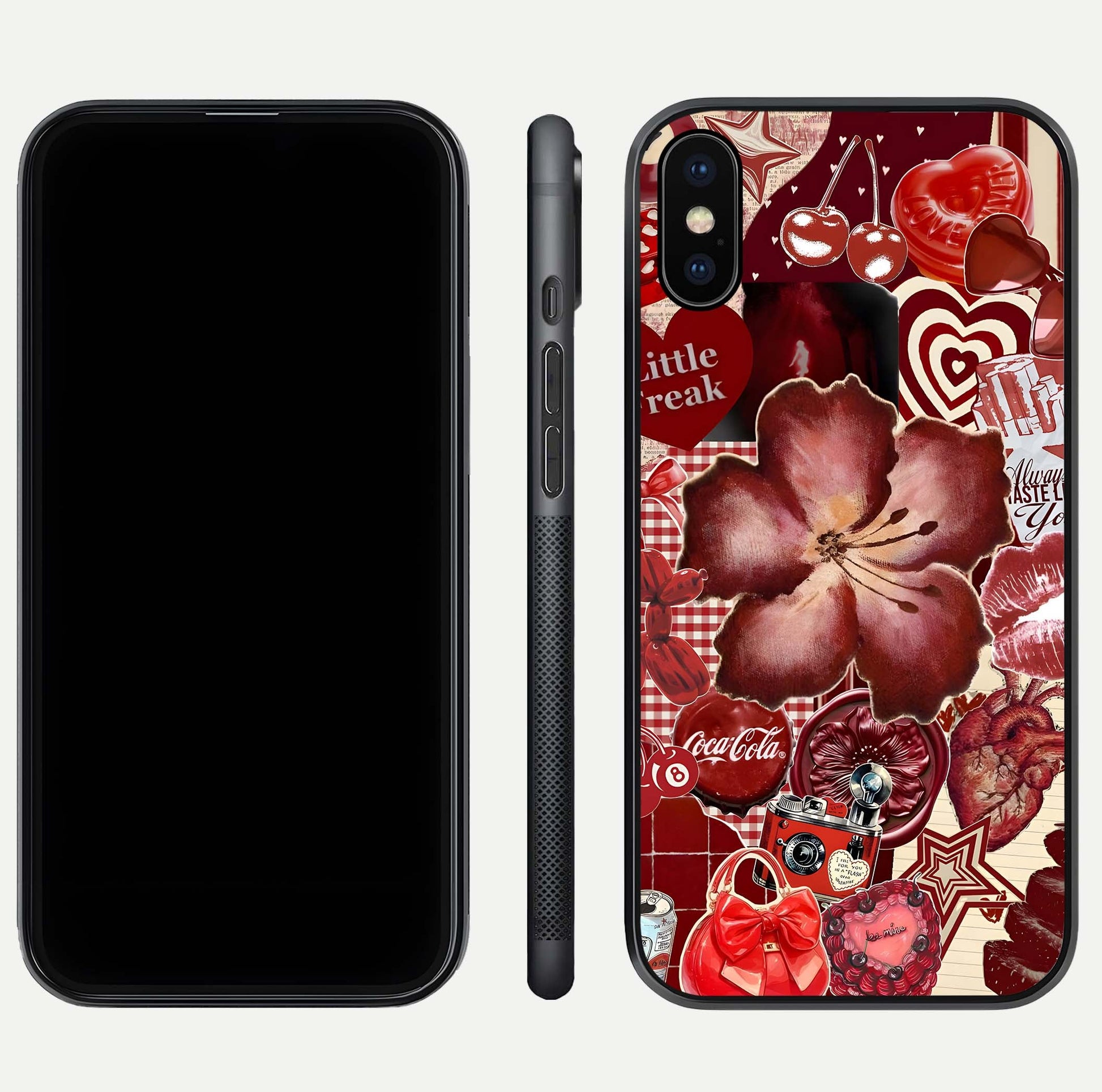 Aesthetic Little Freak Glass Case for iPhone 16 Pro front and back view layout showing black front display and trendy collage glass back