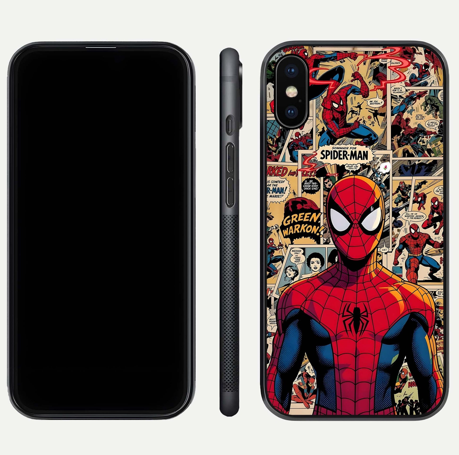 Aesthetic Spider Man Glass Case for iPhone 16 Pro front and back view layout showing black front display and Spider-Man art glass back