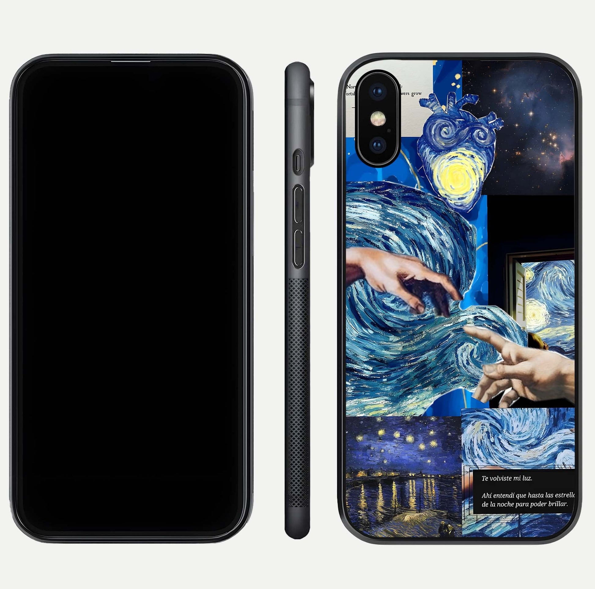 Aesthetic Vando Hands Glass Case for iPhone 16 Pro front and back layout highlighting camera cutout and premium glass shine