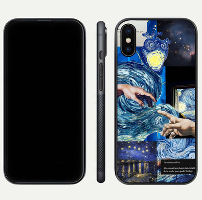 Aesthetic Vando Hands Glass Case for iPhone 16 Pro front and back layout highlighting camera cutout and premium glass shine