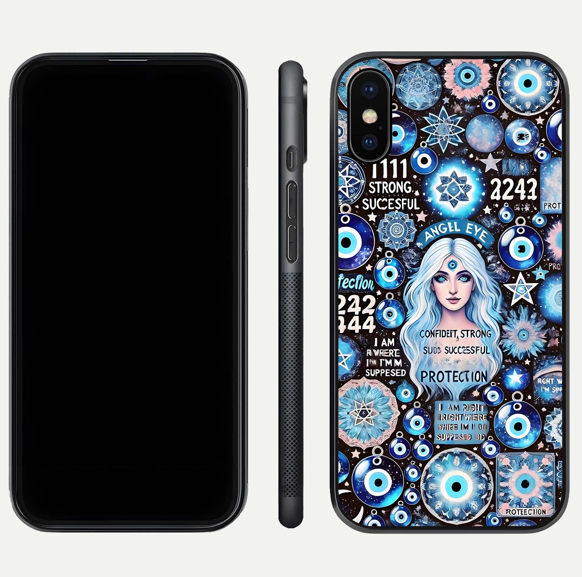 Angel Aura Shield Glass Case for iPhone 16 Pro front and back display highlighting glass clarity and spiritual design