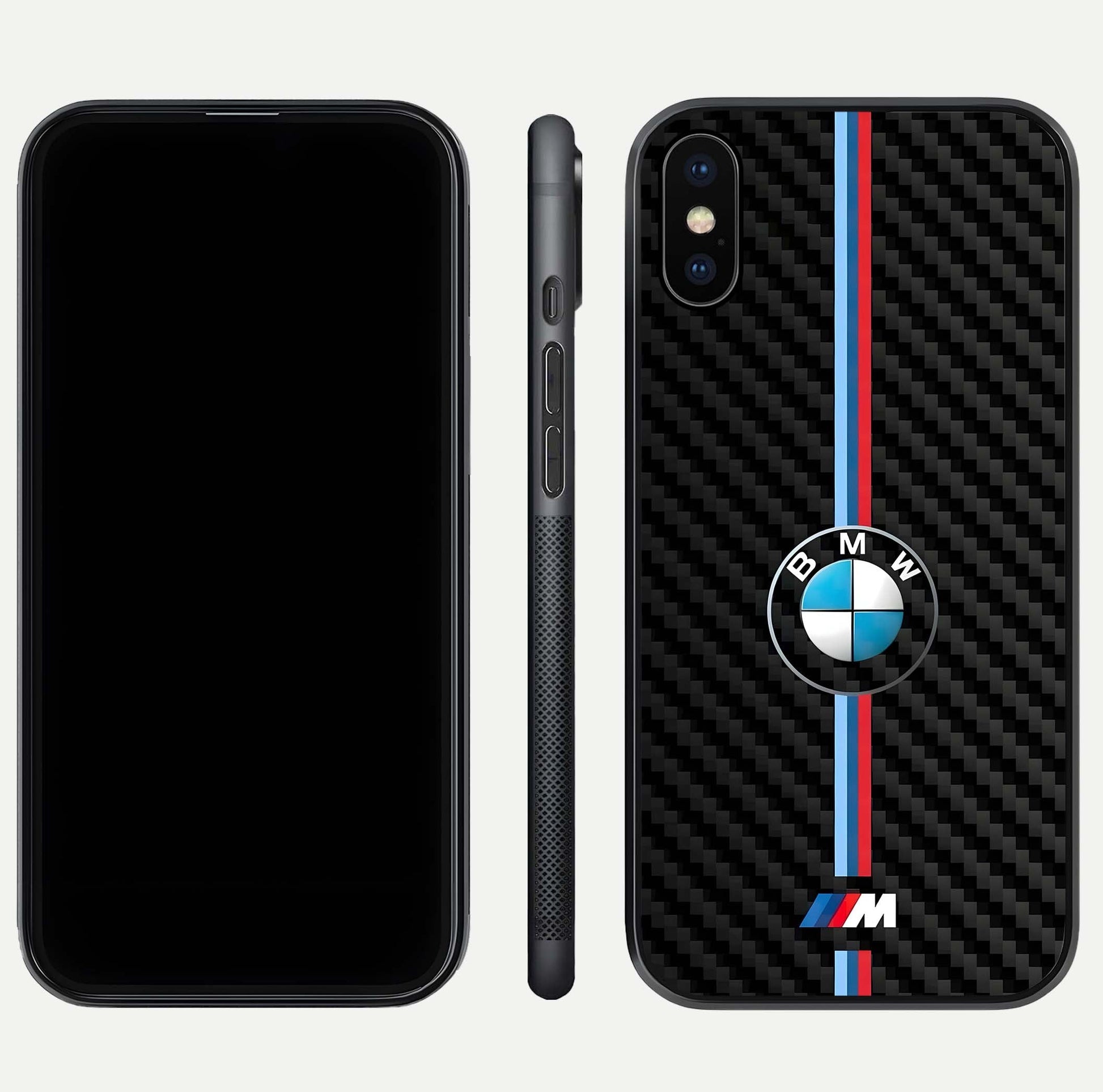 BMW Pattern Glass Case for iPhone Xs front-and-back layout displaying car-themed art and premium glass gloss
