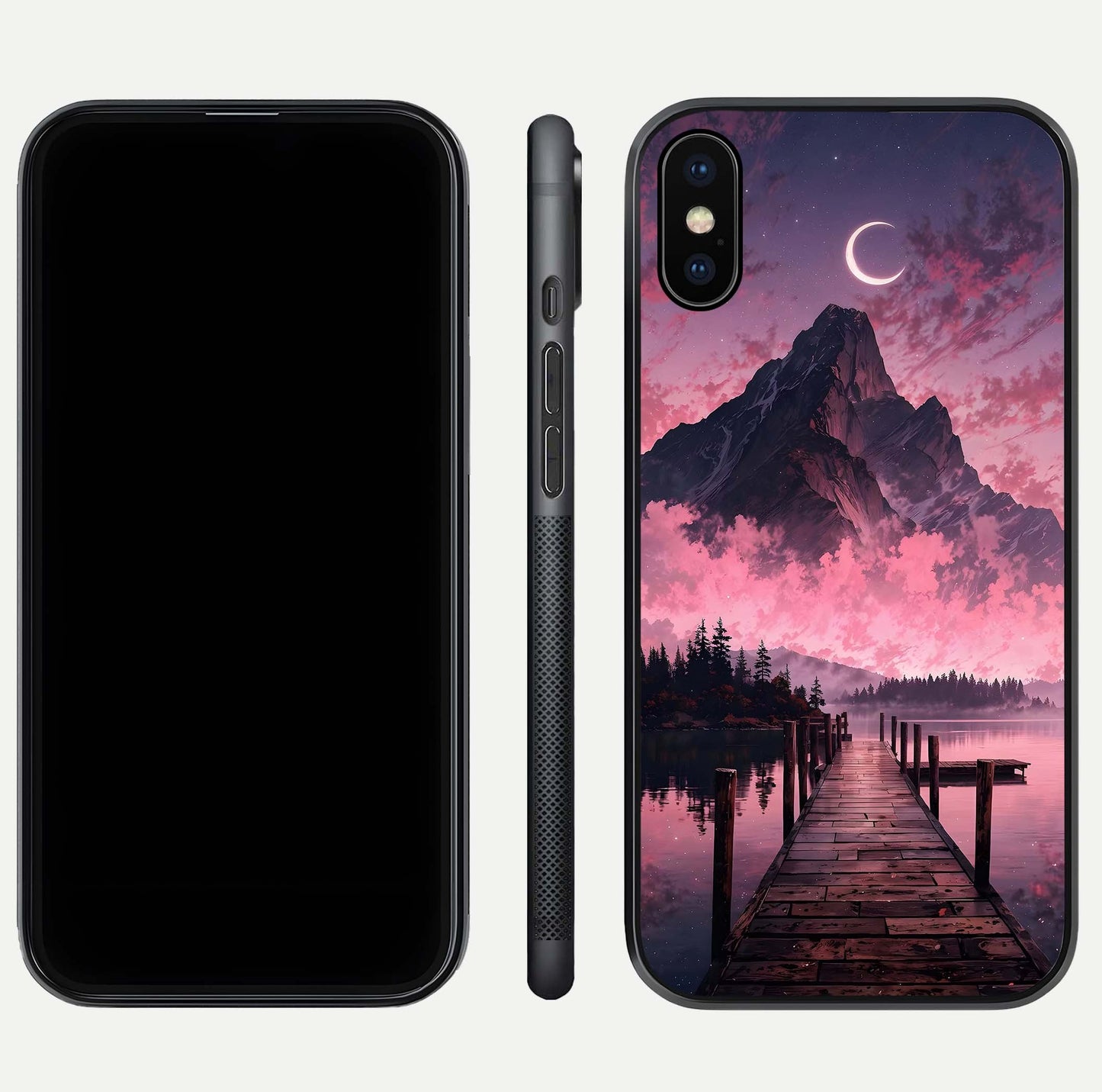 Beautyful Mountain View Glass Case for iPhone Xs front and back layout showcasing natural tones and clarity