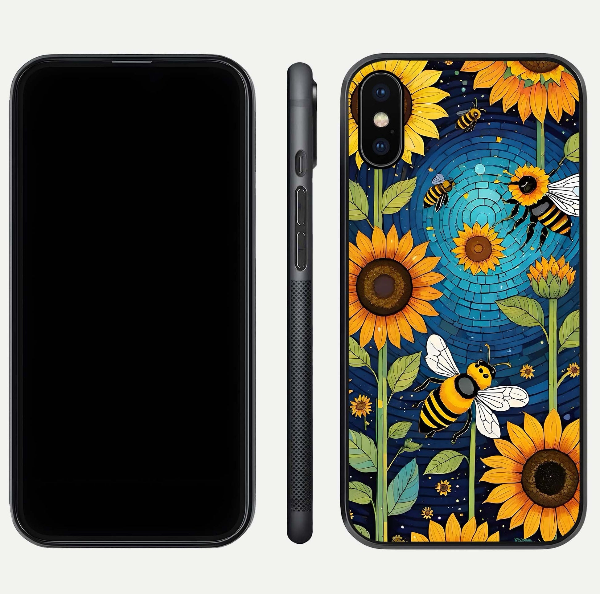Bees & Sunflowers Glass Case for iPhone Xs front-and-back layout highlighting nature-inspired artwork and protective edge