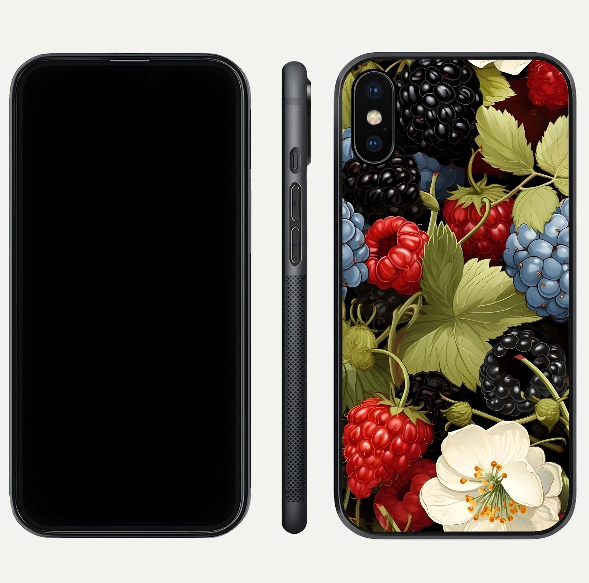 Berry Bloom Charm Glass Case for iPhone Xs front-and-back layout showing floral pattern continuity and smooth glass shine