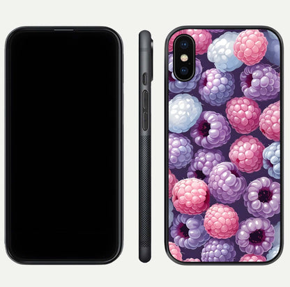 Berry Candy Pop Glass Case for iPhone Xs front-and-back layout showing colorful pattern and sleek protective frame