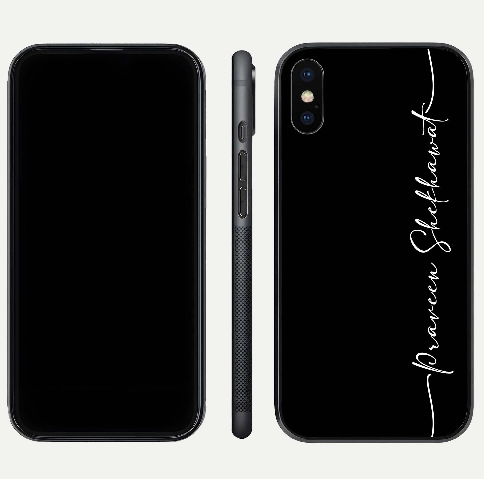 Black Tune Custom Name Glass Case for iPhone 16 Pro front-and-back layout showing personalized name zone and edges