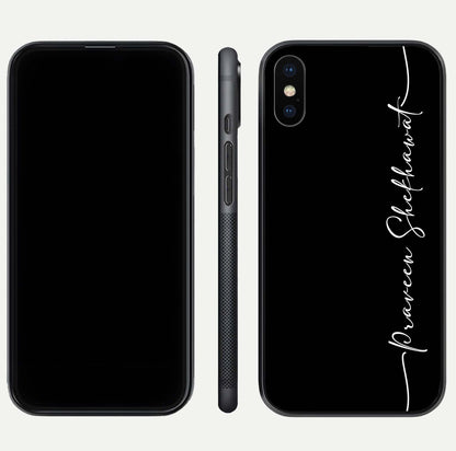 Black Tune Custom Name Glass Case for iPhone 16 Pro front-and-back layout showing personalized name zone and edges