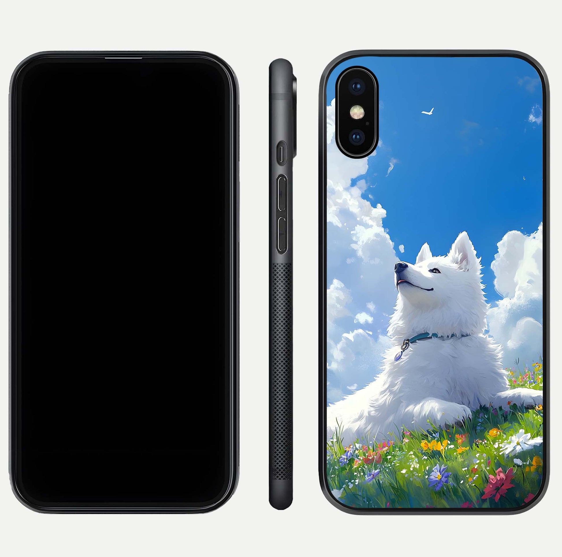 Blissful Cloud Pup Glass Case for iPhone Xs front-and-back layout showing art alignment and edge design