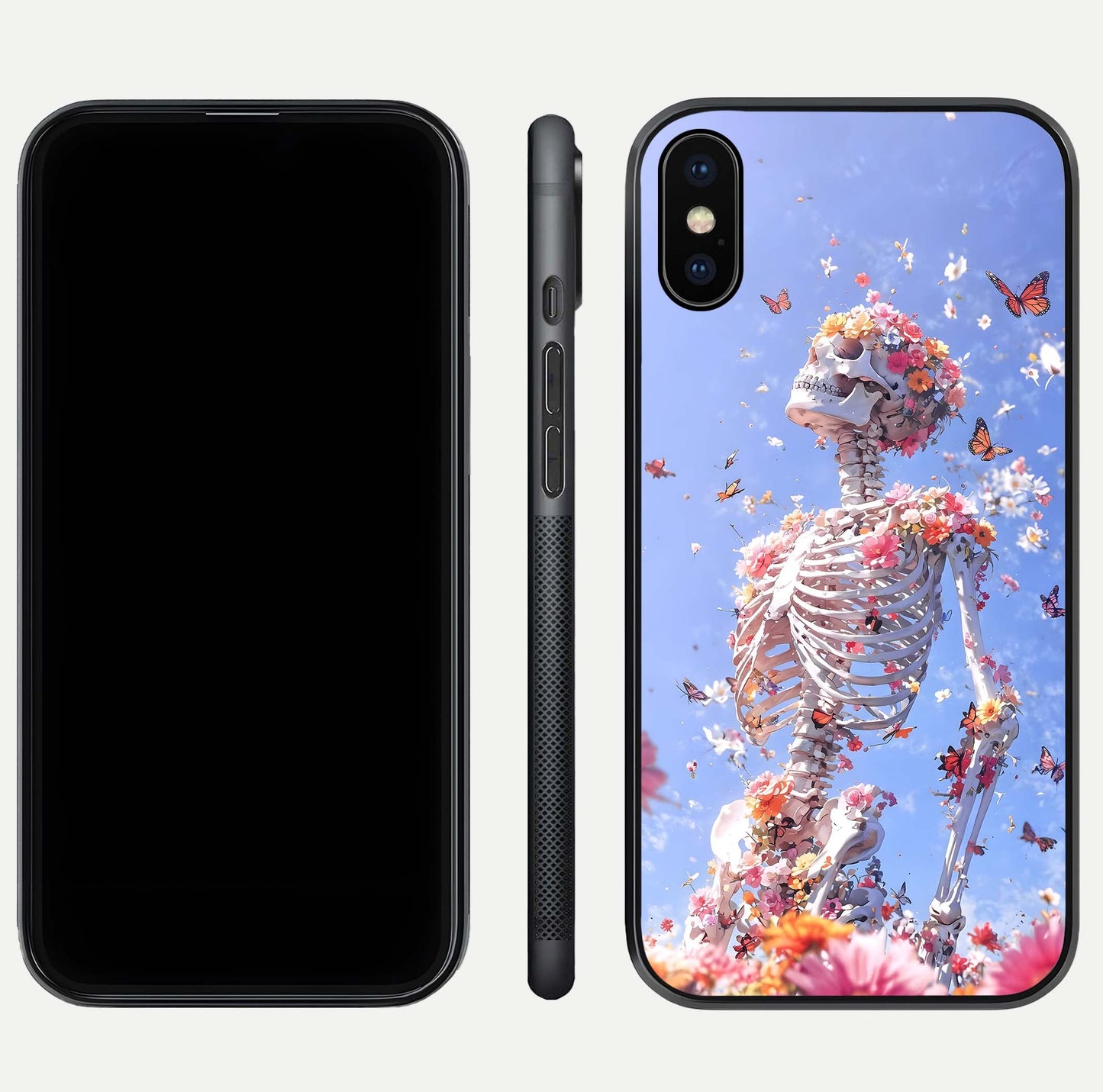 Bloom Beyond Bones Glass Case for iPhone Xs dual-view layout showing creative aesthetic and edge design