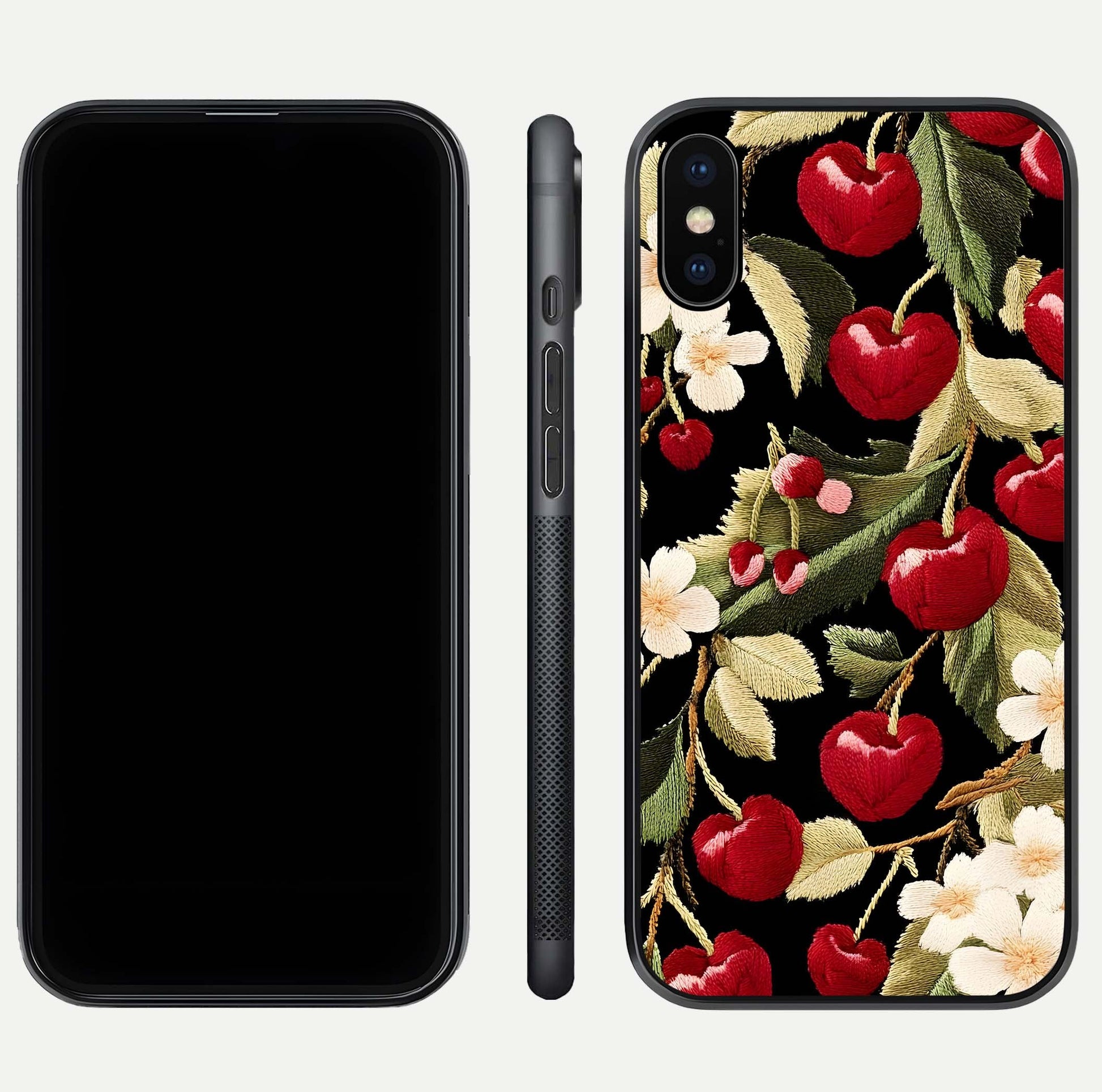 Bloom Thread Art Glass Case for iPhone Xs front-and-back layout showing smooth edges and high-clarity print