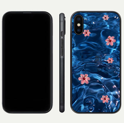 Blooming Water Drift Glass Case for iPhone Xs front-and-back layout highlighting edge design and serene water bloom art