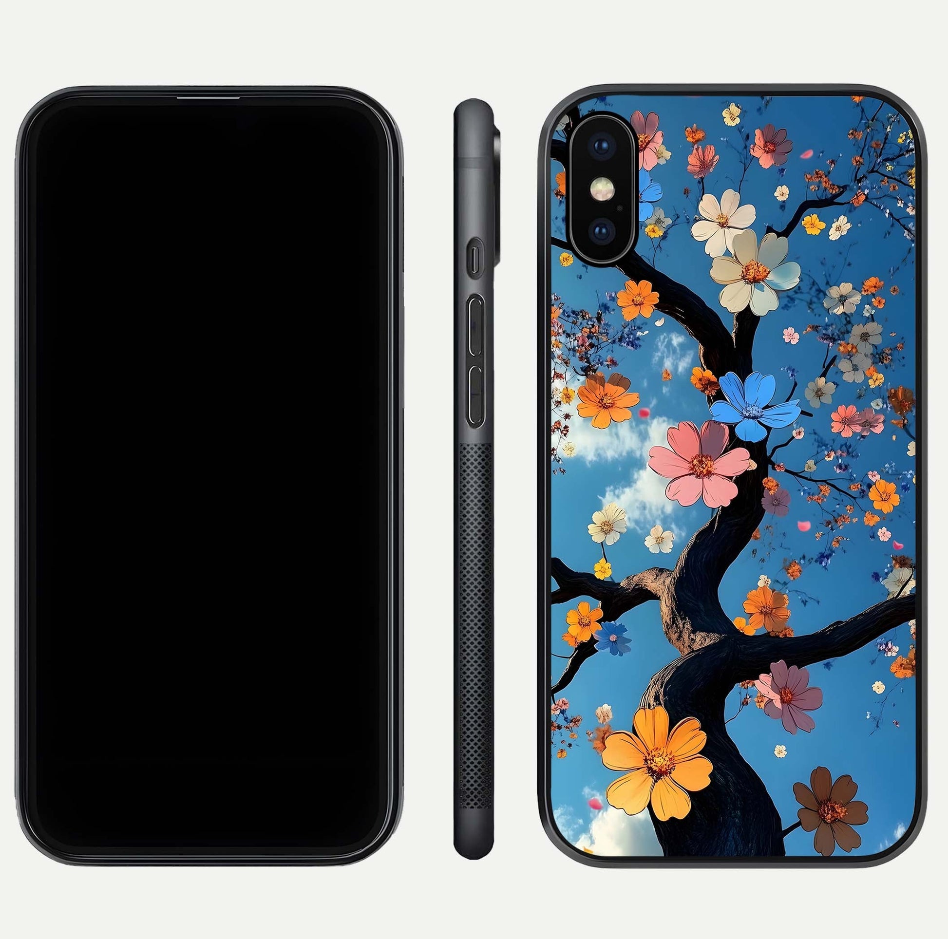 Blossom Dream Sky Glass Case for iPhone Xs front-and-back layout showing floral print and premium edge gloss