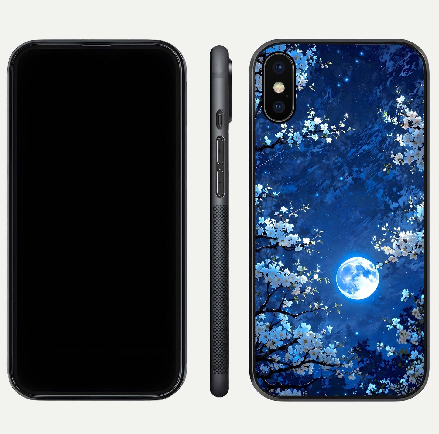 Blossom Moonlight Sky Glass Case for iPhone Xs dual-view layout highlighting sky gradient and floral composition