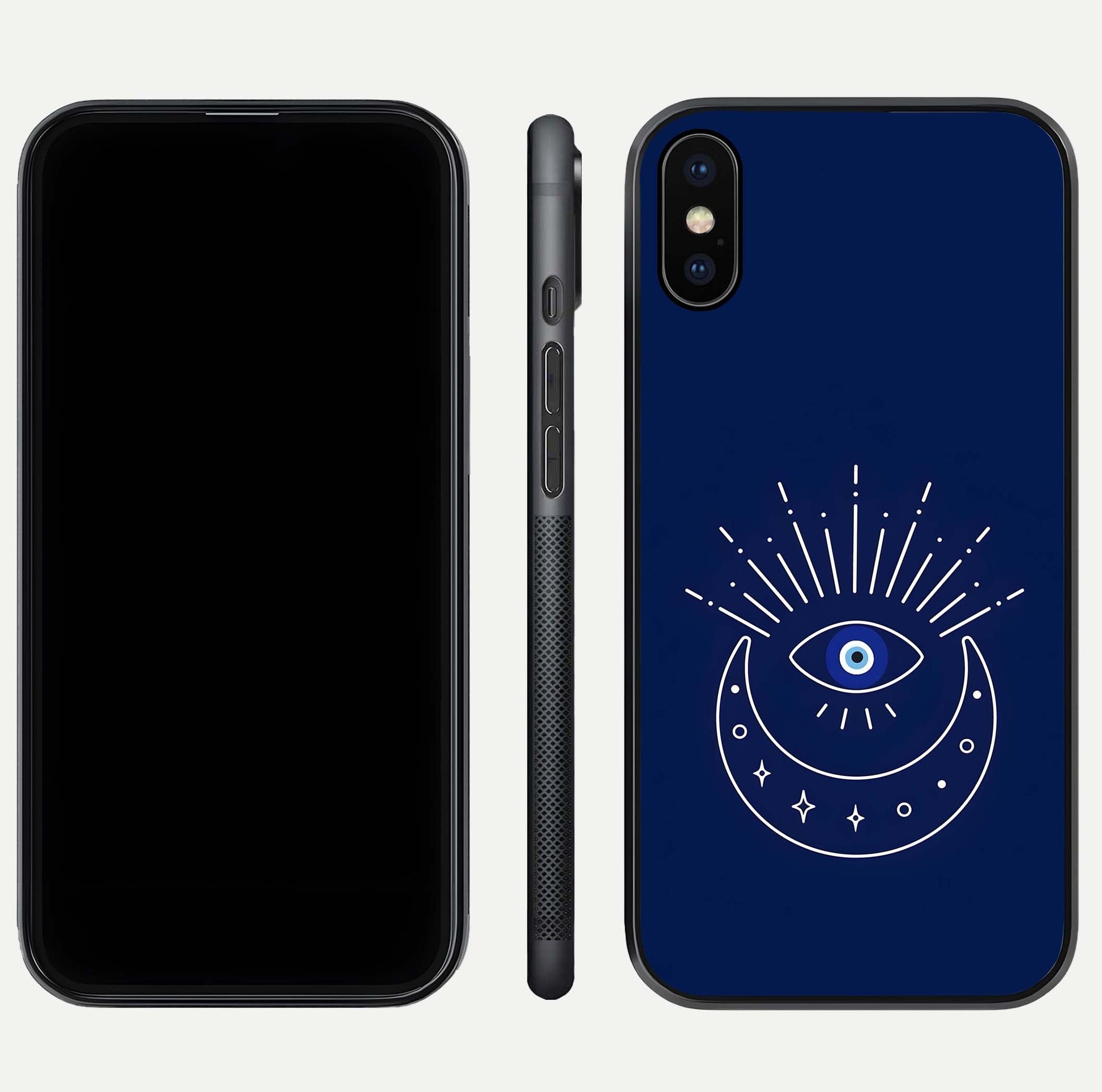 Blue Evil Eye Glass Case for iPhone Xs front-and-back layout showing blue aura design and curved-edge clarity