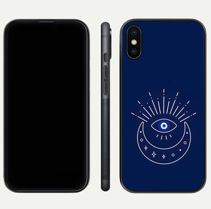 Blue Evil Eye Glass Case for iPhone Xs front-and-back layout showing blue aura design and curved-edge clarity