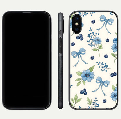 Blue Flower & Bow Glass Case for iPhone Xs dual-view layout showing balanced pattern and smooth edges