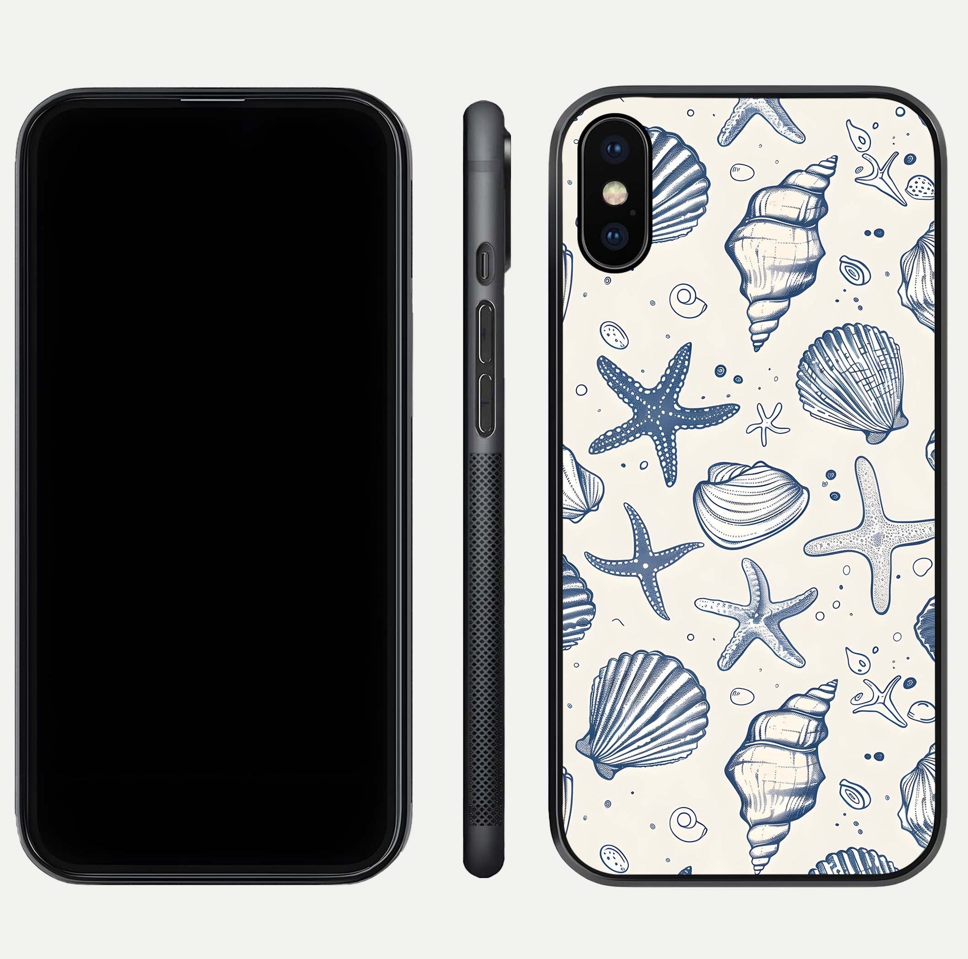 Blue Ocean Outline Glass Case for iPhone Xs front-and-back layout showing minimal wave design and HD gloss