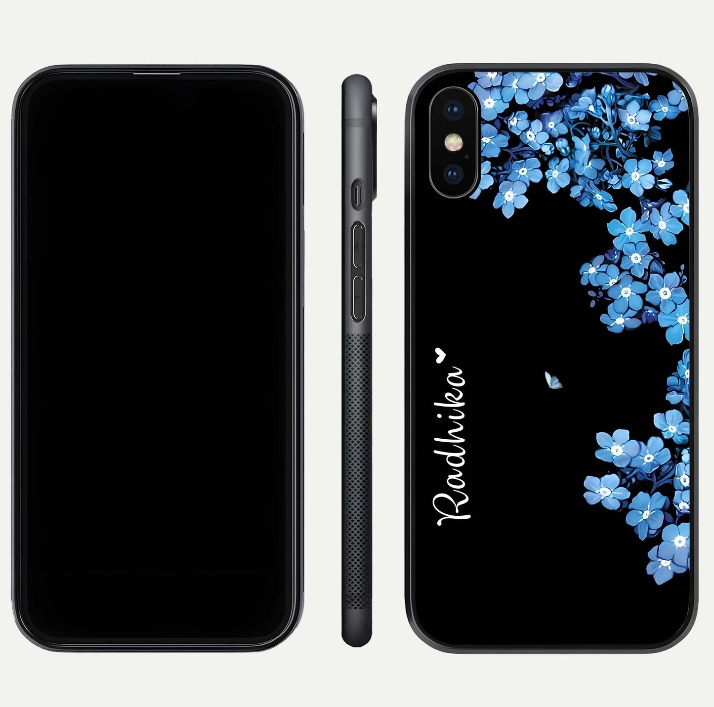 Blue Petal Dream Custom Name Glass Case for iPhone Xs dual-view layout showing text placement and premium finish