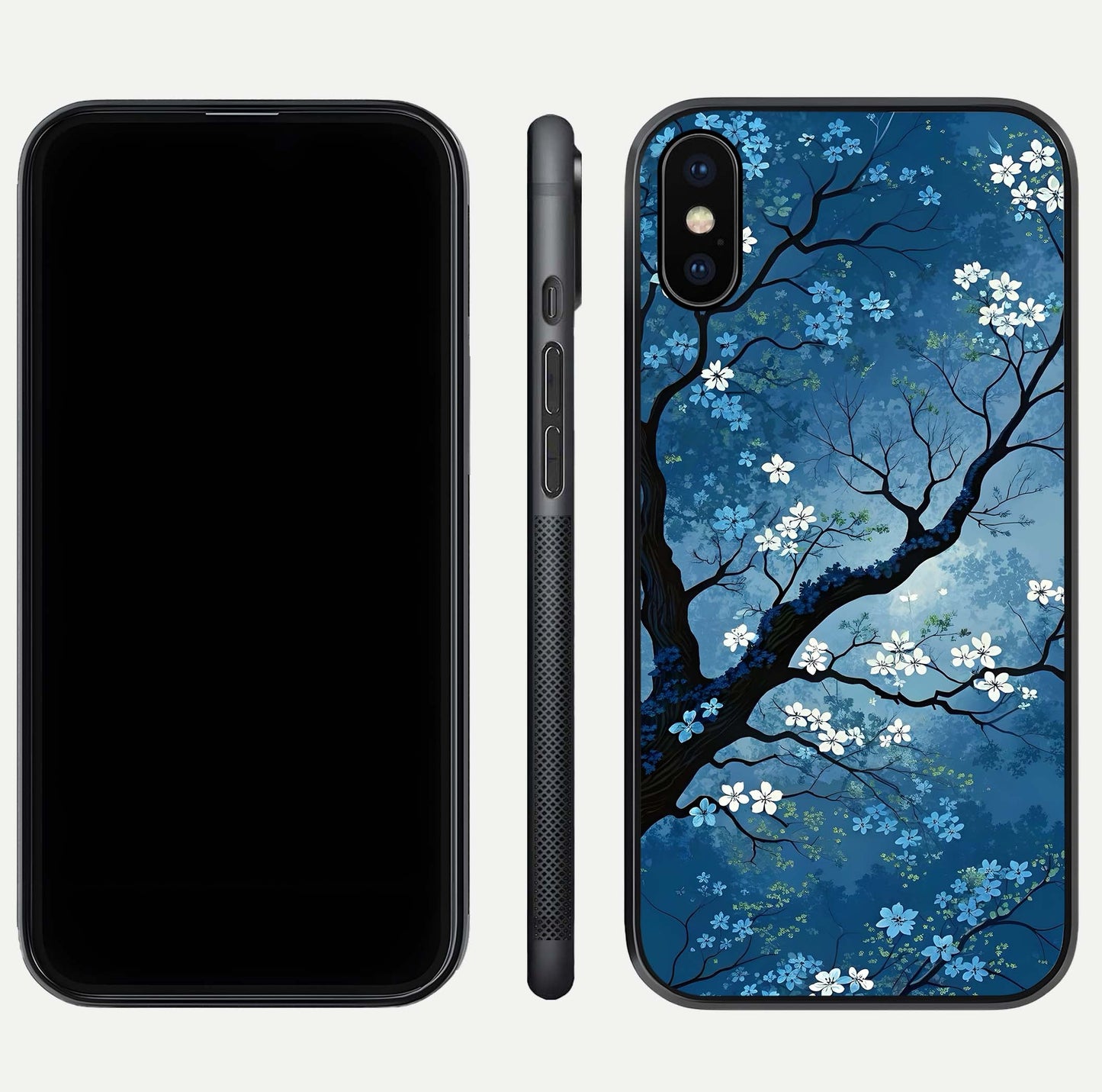 Blue Tree Serenity Glass Case for iPhone Xs front-and-back layout showing gradient background and smooth edges