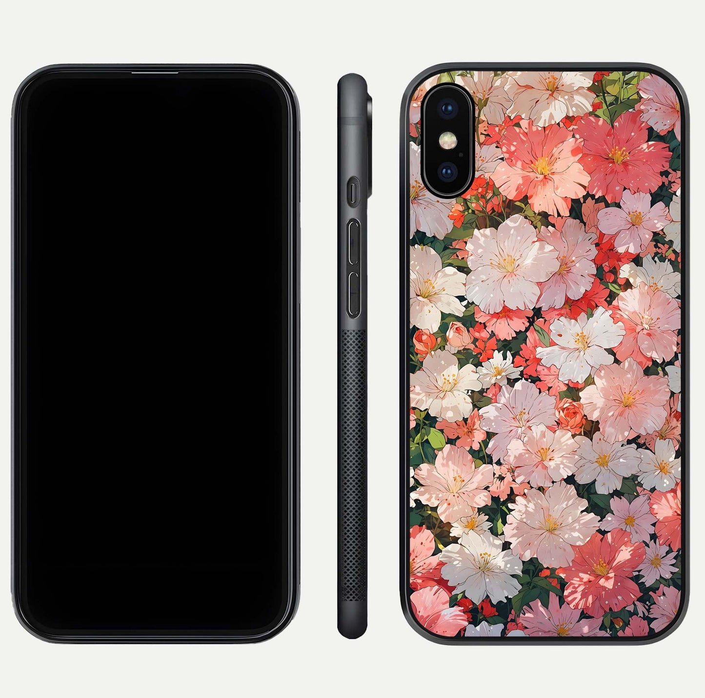 Blush Bloom Field Glass Case for iPhone Xs dual-view layout showing bloom arrangement and protective frame