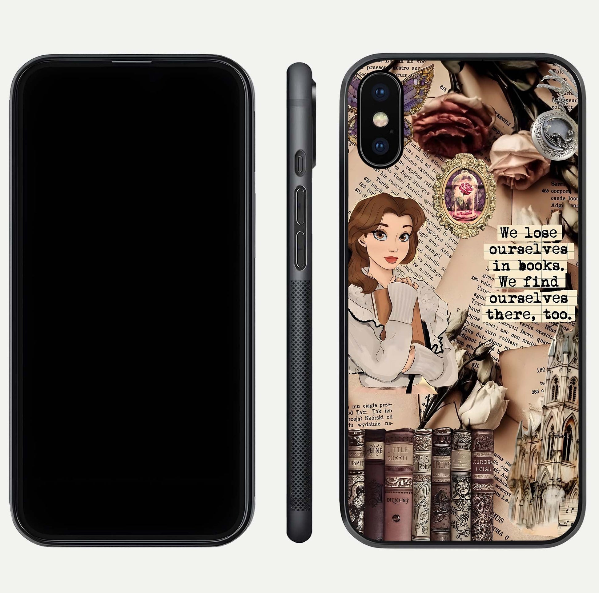 Bookish Dream World Glass Case for iPhone Xs dual-view layout displaying colorful fantasy print and edge finish