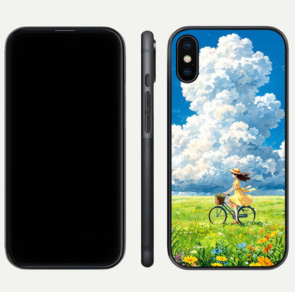 Breezy Meadow Ride Glass Case for iPhone Xs dual-view layout showing soft landscape design and reflection gloss