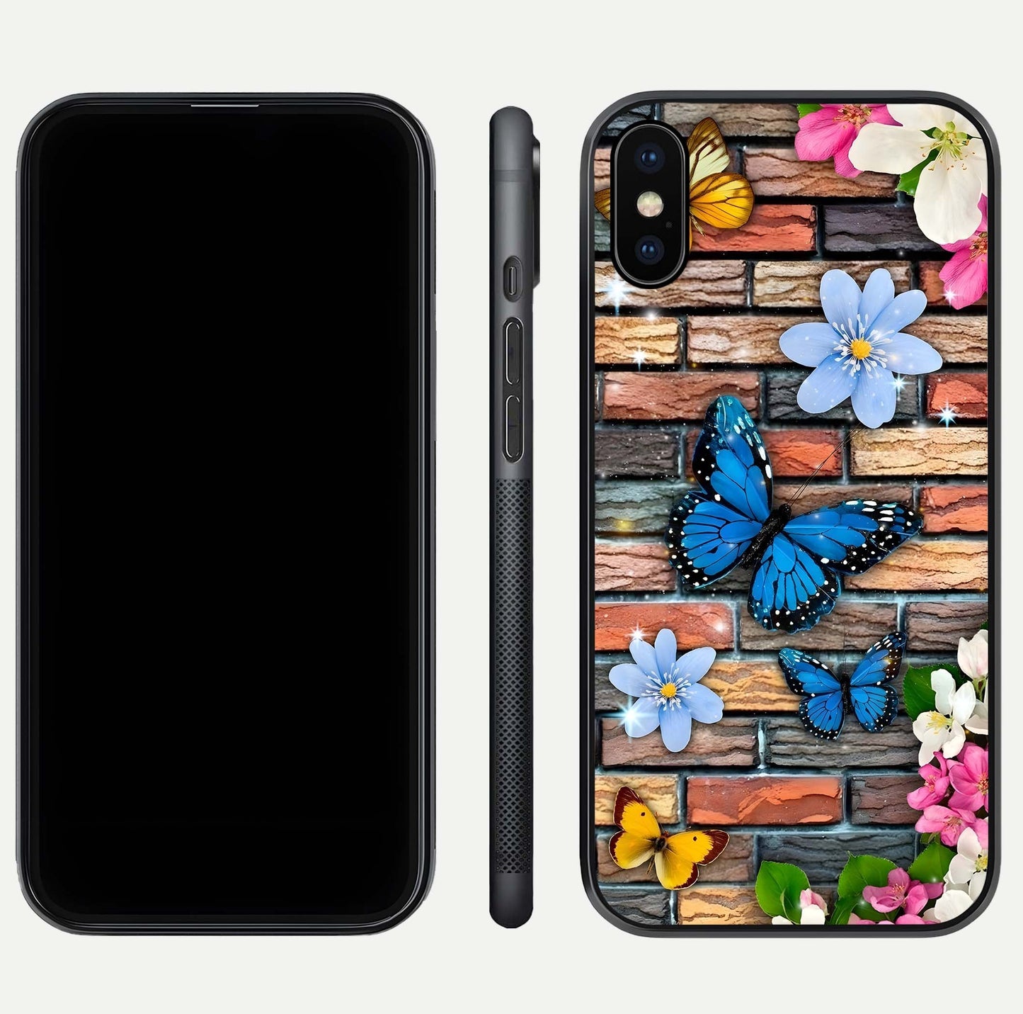 Brick Bloom Flight Glass Case for iPhone Xs dual-view layout showing bloom placement and protective edge design