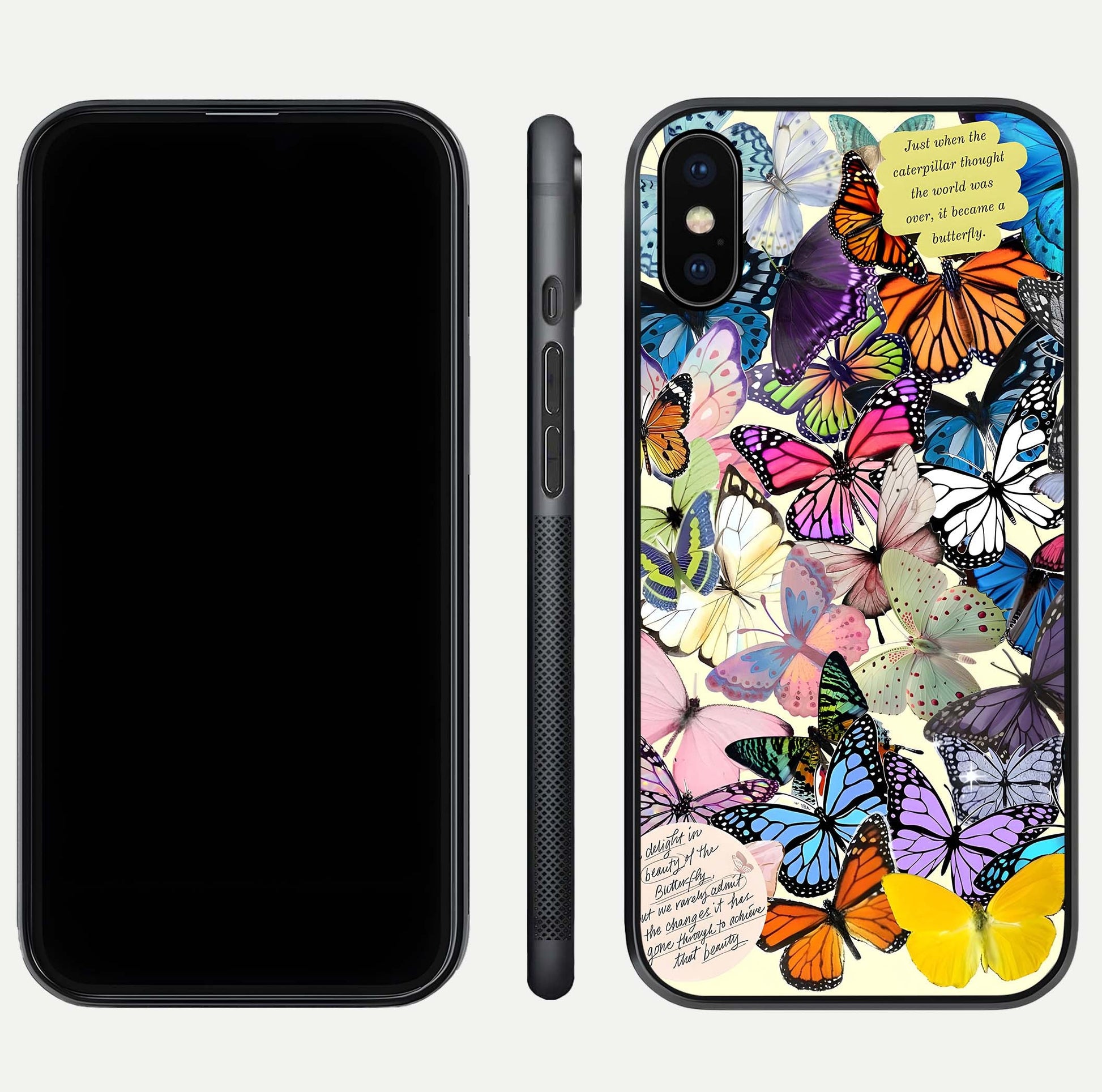 Butterflies Petal Dream Glass Case for iPhone Xs front-and-back layout showcasing floral spread and reflection shine