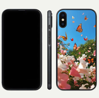 Butterflies in Bloom Sky Glass Case for iPhone Xs dual-view layout displaying elegant composition and glass gloss