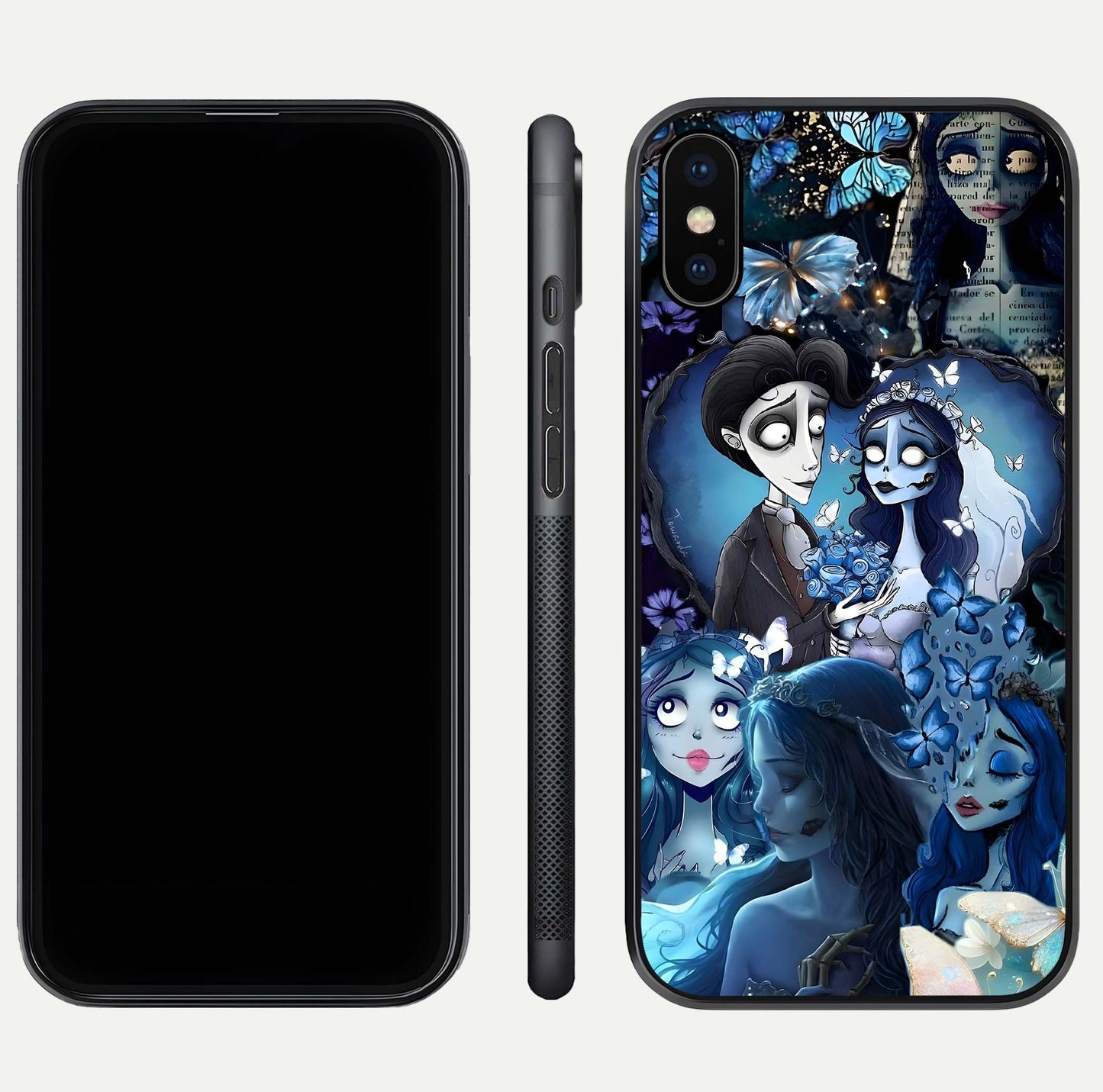 Butterfly Ghost Soul Glass Case for iPhone Xs front-and-back layout highlighting dark art balance and HD shine