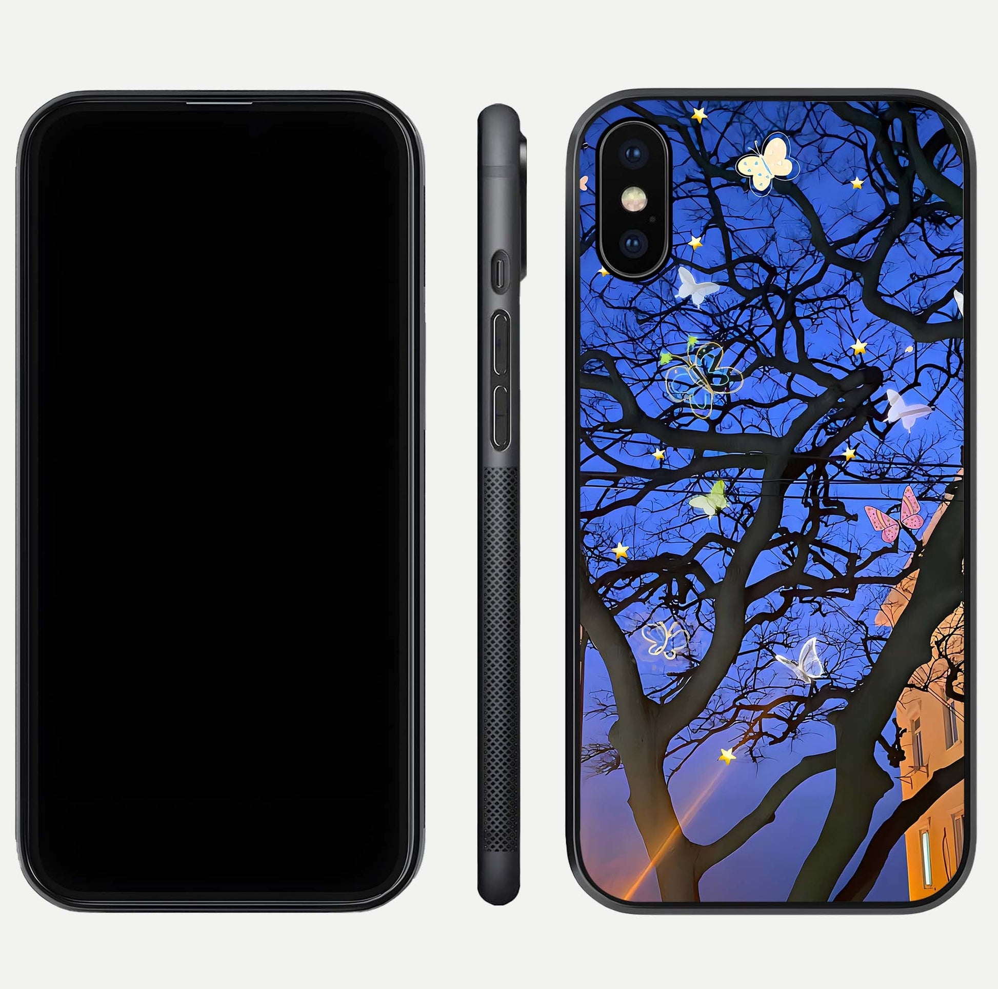Butterfly Night Magic Glass Case for iPhone Xs dual-view layout displaying balanced art and edge clarity