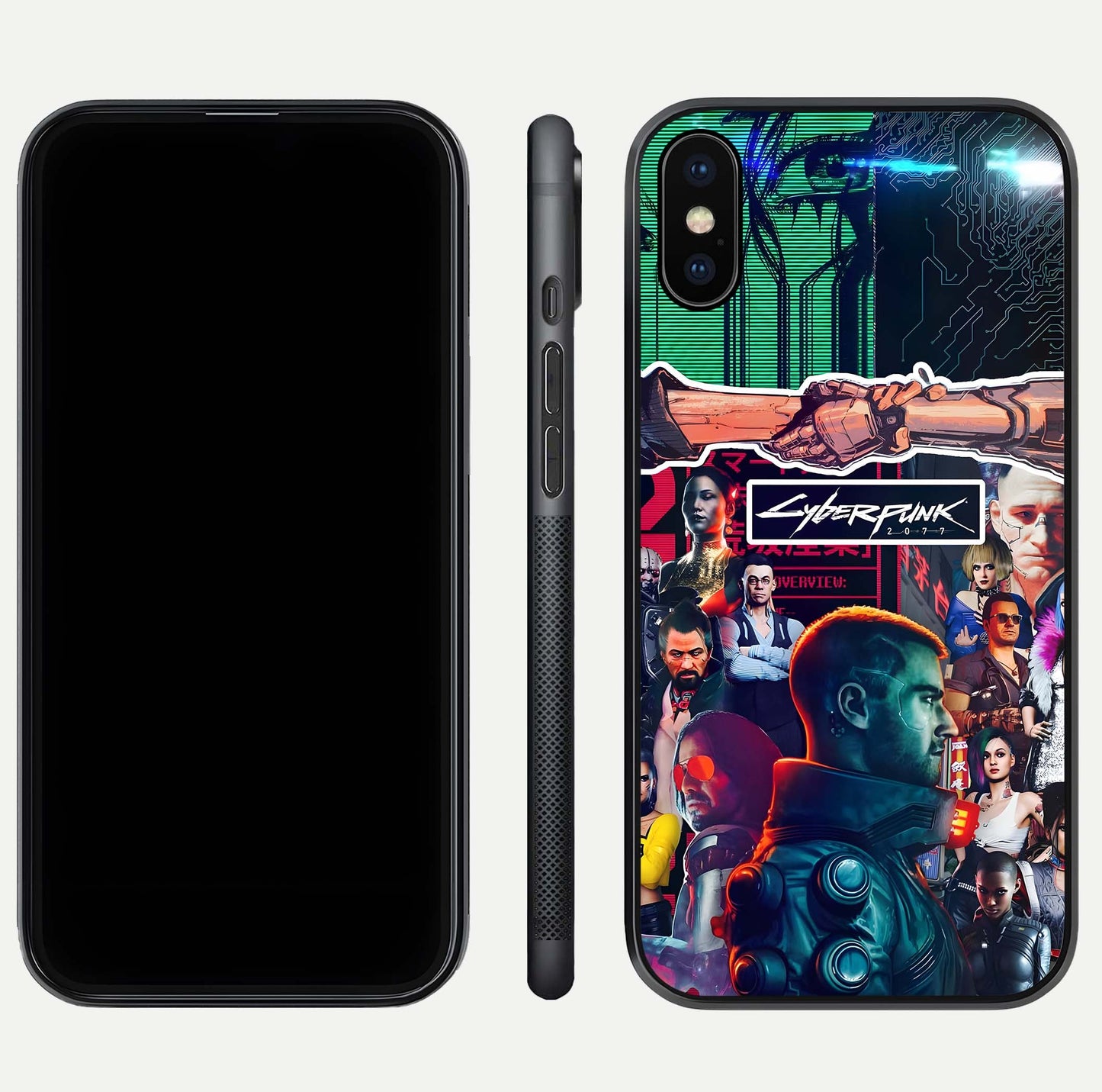 CYBERPUNK Legacy Glass Case for iPhone Xs dual-view layout showing cyberpunk hues and glass precision