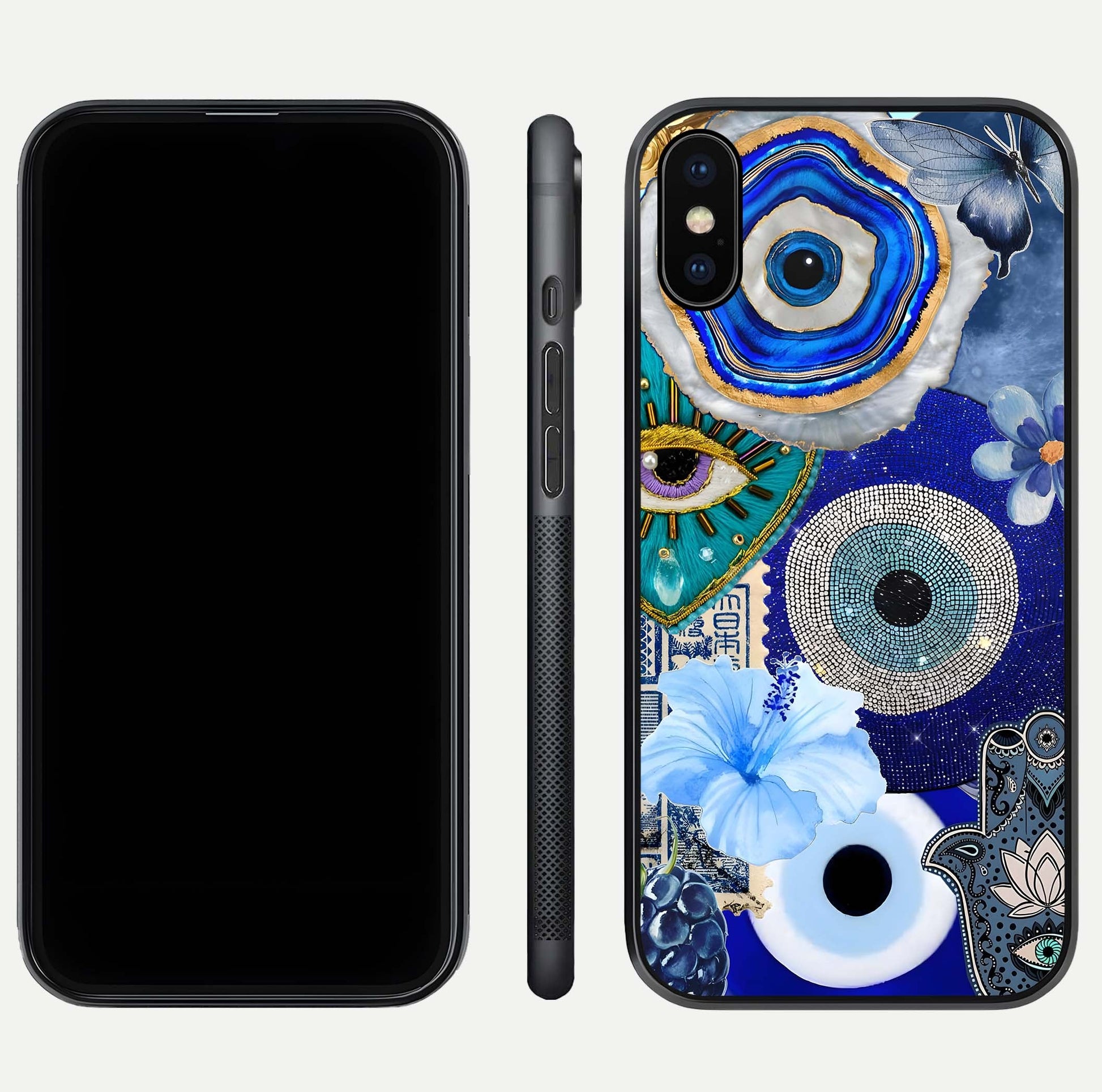 Celestial Blue Vision Glass Case for iPhone Xs dual-view layout showing celestial gradient and curved edges