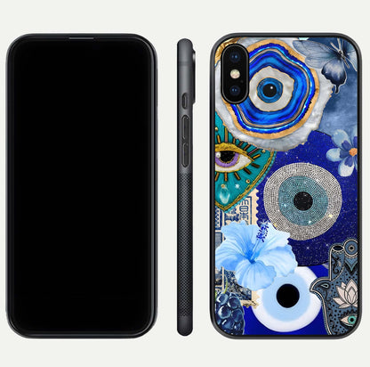 Celestial Blue Vision Glass Case for iPhone Xs dual-view layout showing celestial gradient and curved edges