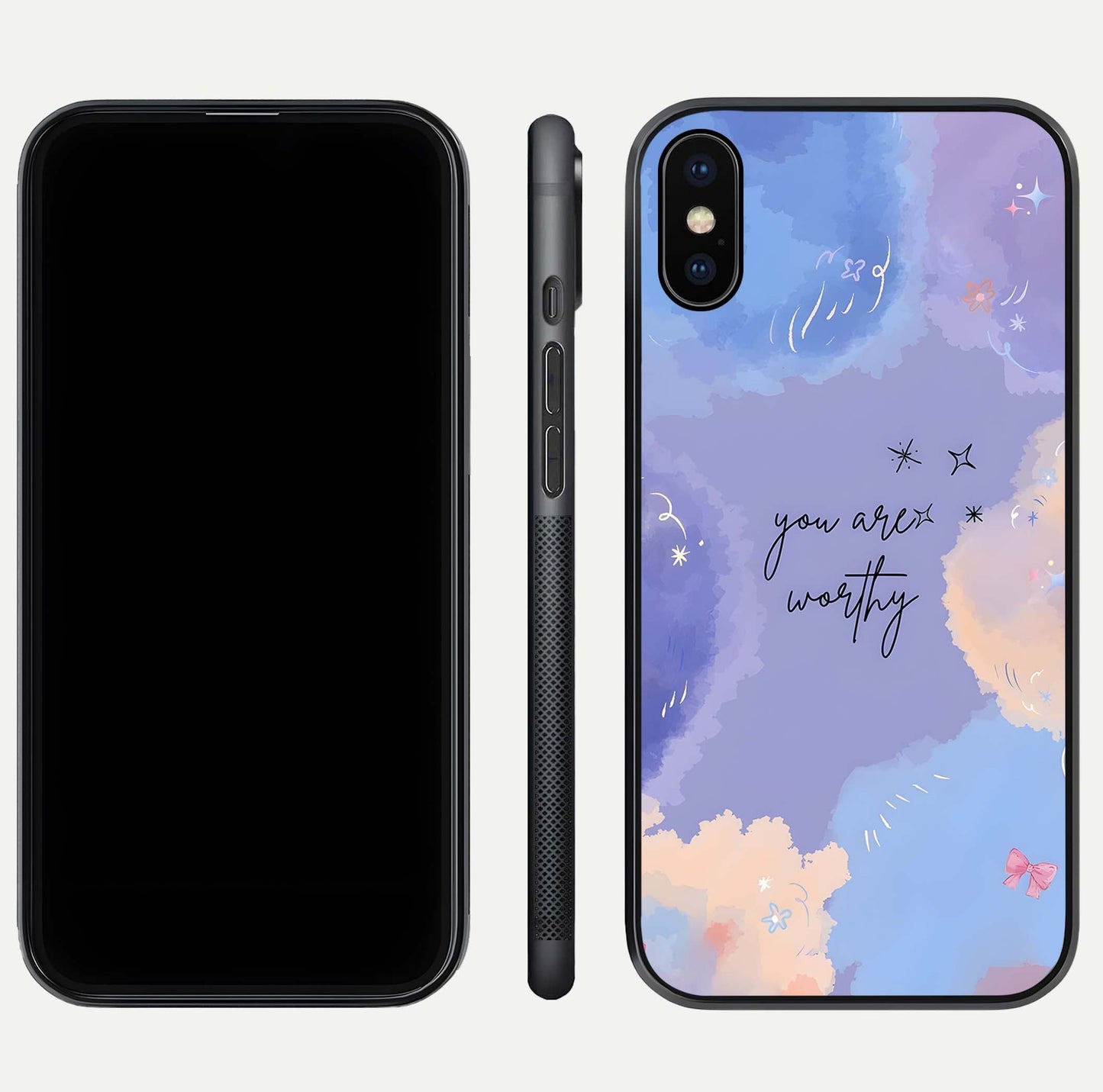 Celestial Cloud Magic Glass Case for iPhone Xs dual-view layout showcasing soft color transition and gloss shine