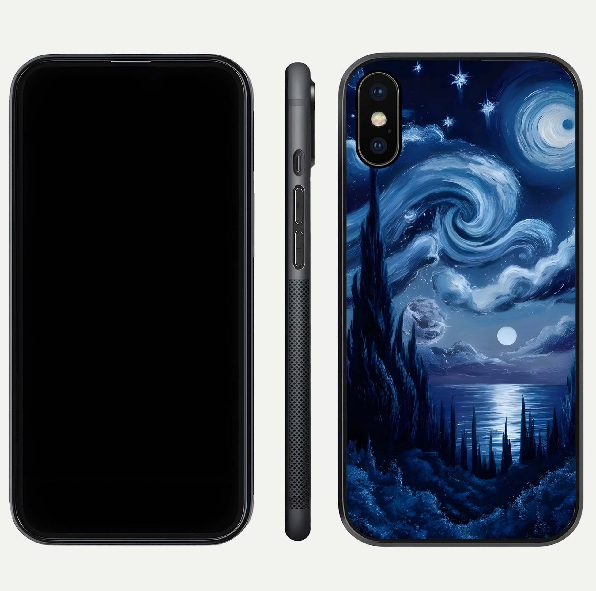 Celestial Dream Van Gogh Glass Case for iPhone Xs dual-view layout displaying art texture and glass polish