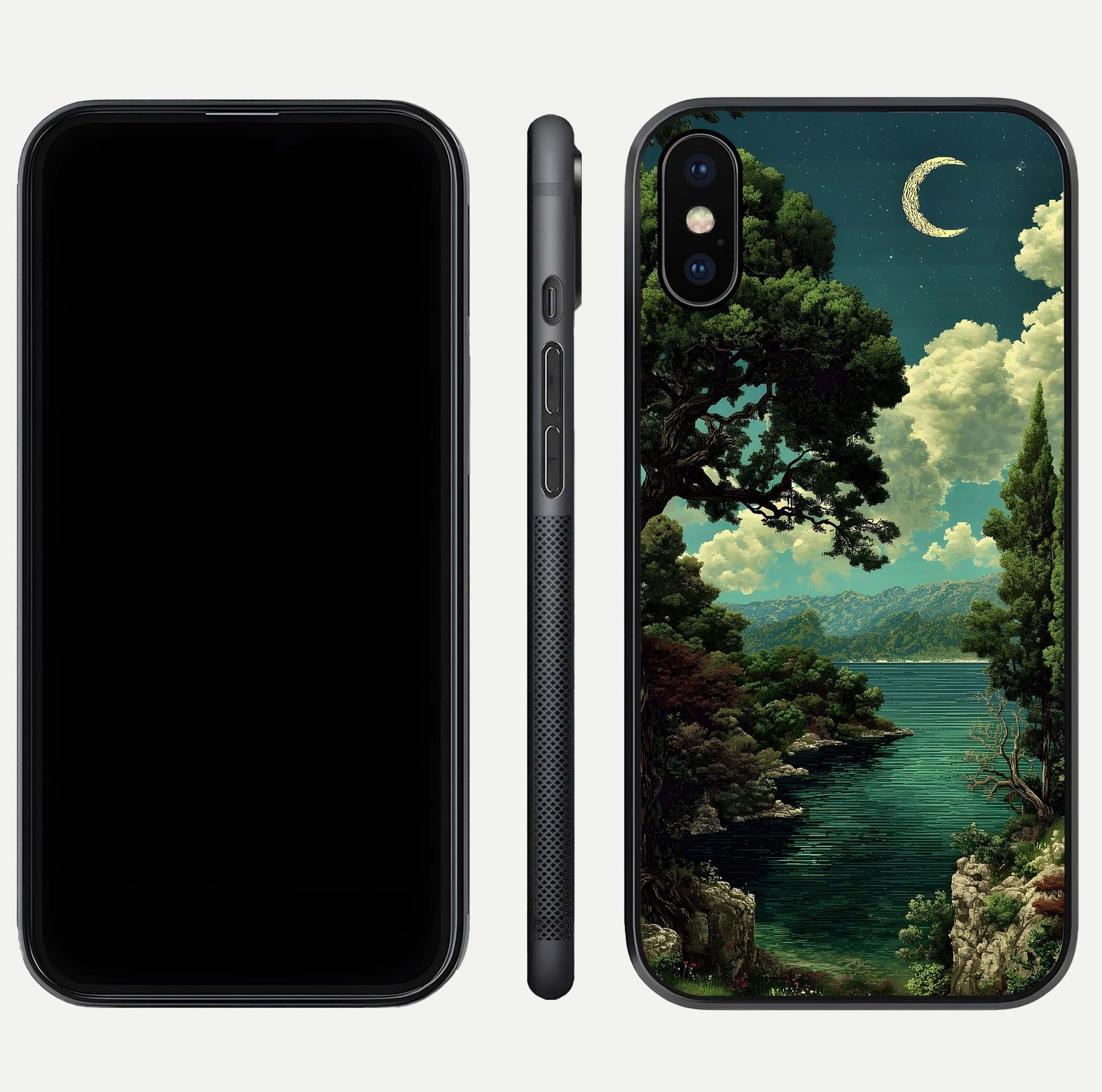 Celestial Lake Peace Glass Case for iPhone Xs dual-view layout showing soft hues and HD shine