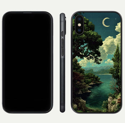 Celestial Lake Peace Glass Case for iPhone Xs dual-view layout showing soft hues and HD shine