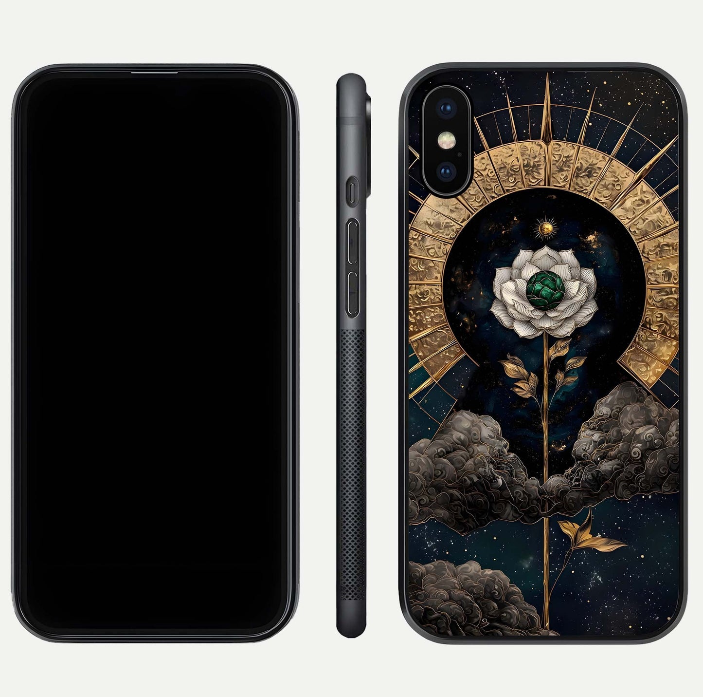 Celestial Lotus Morang Glass Case for iPhone Xs dual-view layout displaying floral symmetry and polished edges