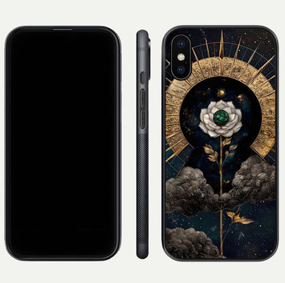 Celestial Lotus Morang Glass Case for iPhone Xs dual-view layout displaying floral symmetry and polished edges