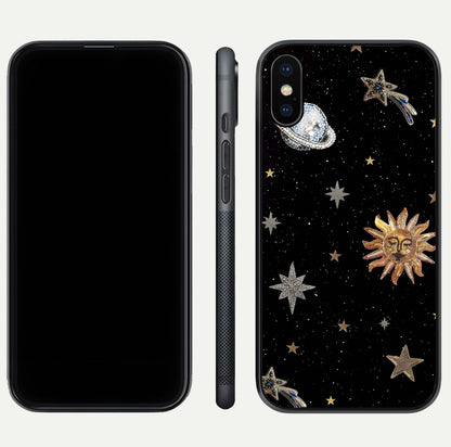 Celestial Moon With Stars Glass Case for iPhone Xs front-and-back layout displaying lunar art and premium finish