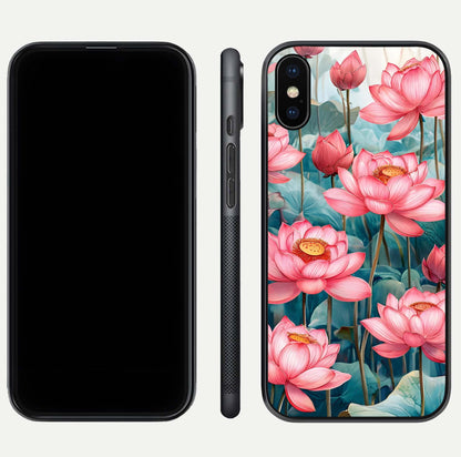 Celestial Pink Lotus Glass Case for iPhone Xs dual-view layout showing floral center and smooth edges