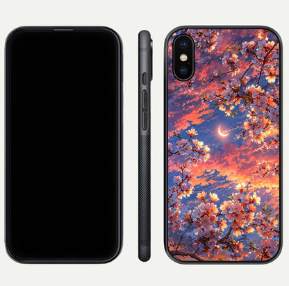 Celestial Sakura Sunset Glass Case for iPhone Xs dual-view layout showing floral gradient and reflection polish